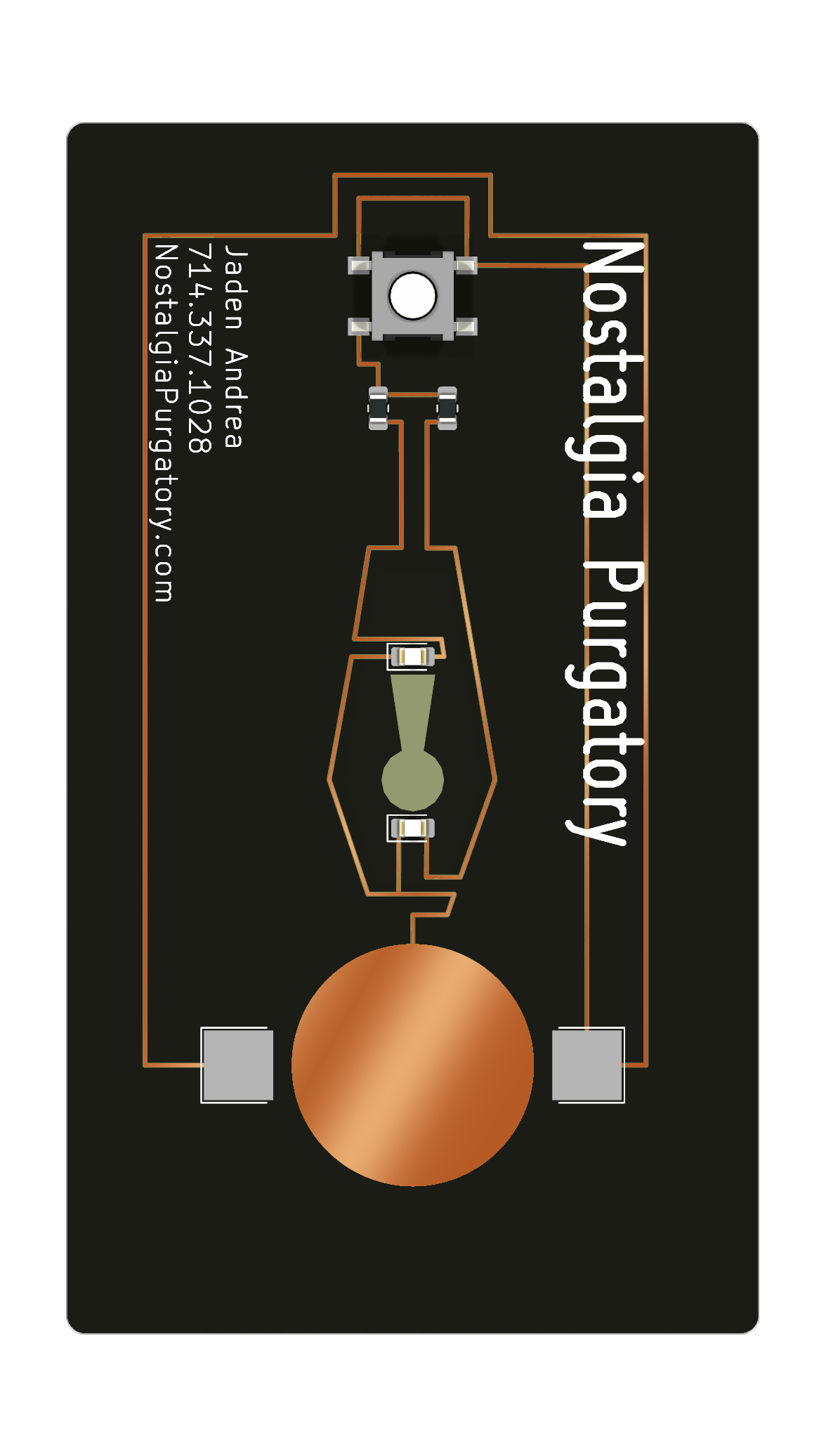 Matte-black reverse of the fabricated business card PCB with a keyhole cutout, components, polished copper, and white company-name silkscreen