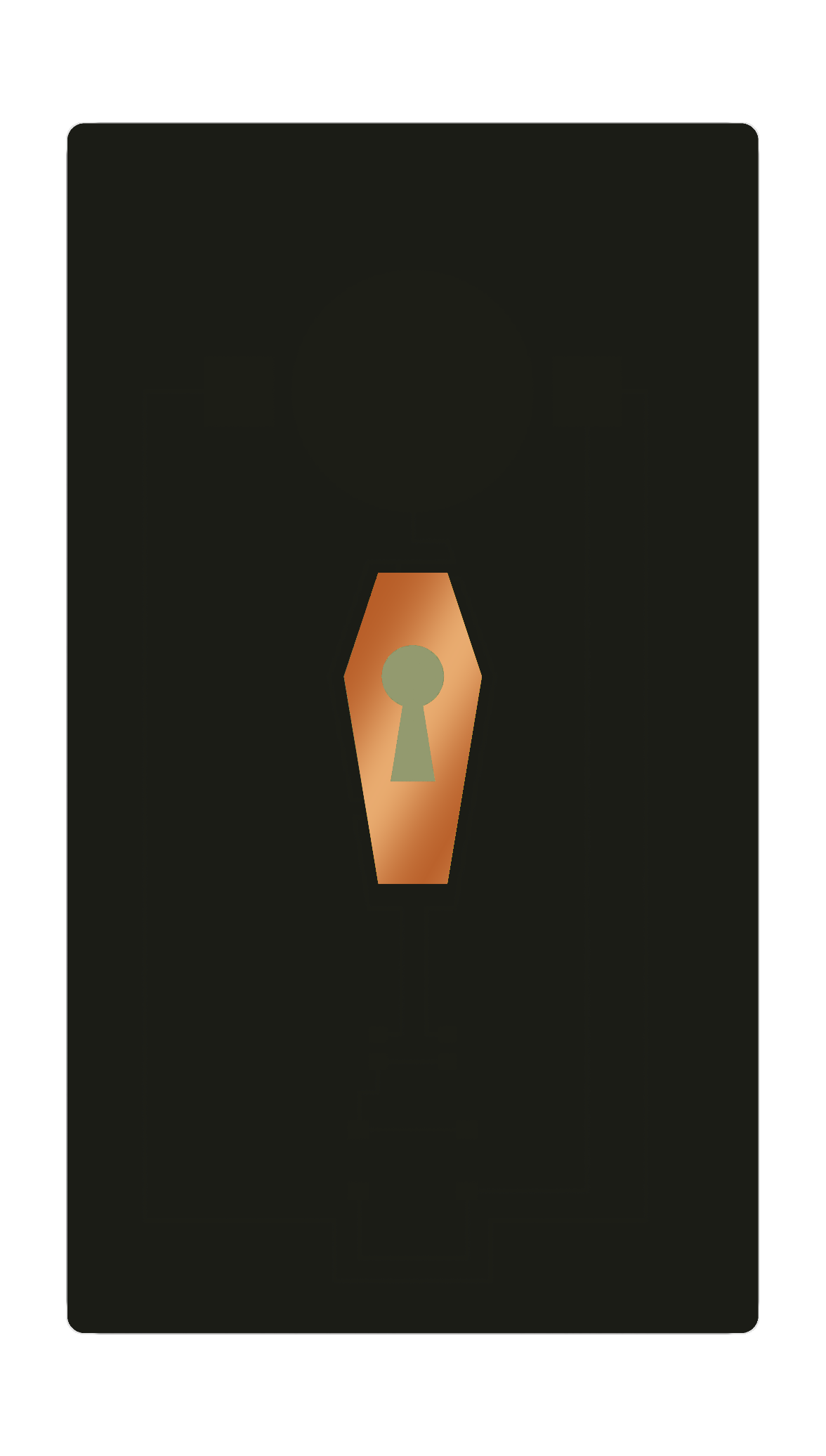 Fabricated matte-black business card PCB with polished copper and a routed keyhole cutout